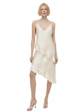 H&M Satin Slip Dress Cream Ivory Ruffle Midi Dress Asymmetrical Hem V Neck S